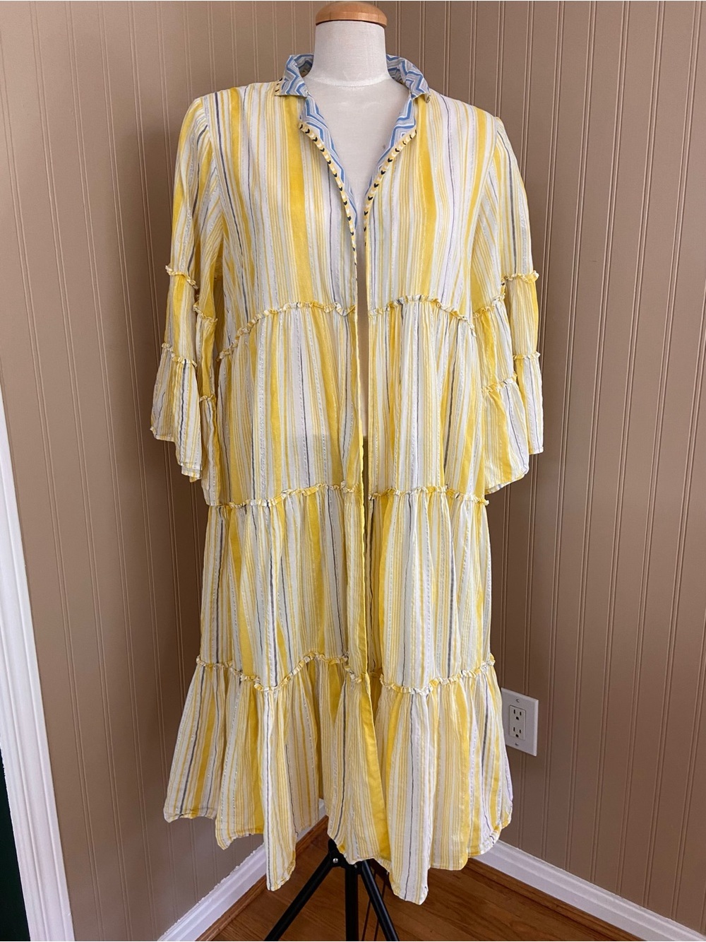 W Women Yellow, White & Grey Striped Boho Hippie Cotton Cardigan Women’s M-L